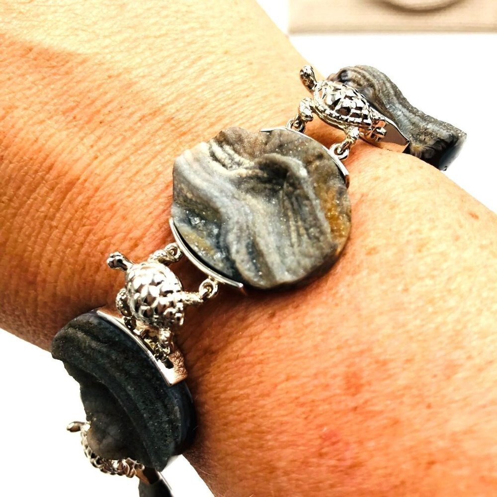 Rare Druzy Quartz Sterling Silver Turtle Bracelet 117$